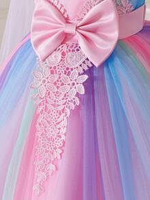Vestido de princesa con decoración de lazo rosa dulce para niñas, vestido de encaje y parches de manga corta con degradado arcoíris de moda para niñas pequeñas, regalo del 1er cumpleaños del bebé, chal ligero y transparente, vestido de fiesta con decoración de flores 3D de malla de tul para niñas, adecuado para uso diario, fiestas, festivales y eventos escolares - Rosa Pálido - Ver 6