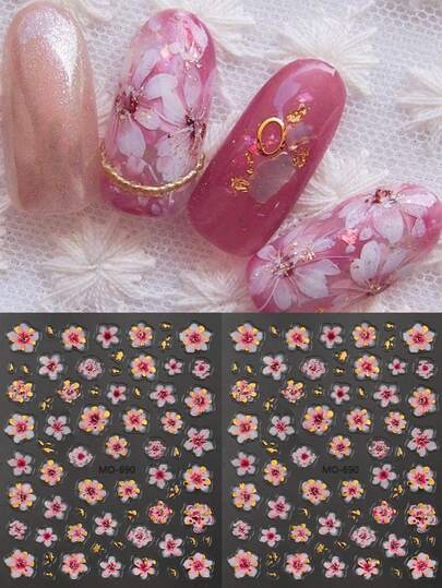 2pcs Pink Sakura Floral Nail Art Stickers Shimmering Flower Petals Design With Golden Leaves Self-Adhesive Plastic Nail Decals Spring Blossom Romantic Valentine'S Day Elegant Design Manicure Supplies DIY Manicure Decoration Nails