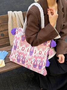 Bolso de hombro tipo tote de tela con borlas, hecho a mano, versátil y artístico, estilo Chiang Mai - Rosa - Ver 2