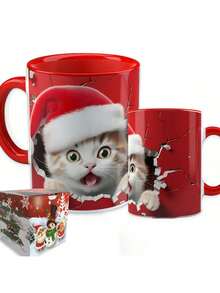 Christmas Mug Red Porcelain Decoration Gift Happy Santa Claus Cat - Đỏ - Xem 3
