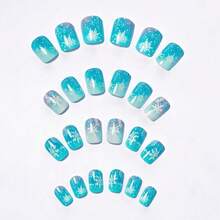 Medium-Length Blue And White Christmas 24-Piece Snowflake Glitter Patch Nail Art, Reusable And Detachable False Nails, Suitable For Daily Wear Or Parties - Màu xanh lam - Xem 4