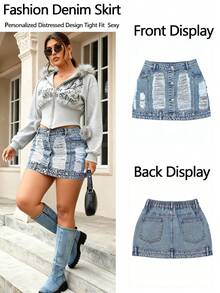 Women's Light Blue Plus Size Stretch Irregular Hole Jeans Skirt Multi Buttons Closure Fashion Personalized Distressed Design Tight Fit Sexy Denin Skirt For Daily Date Holiday Y2K Street Style - 淺色水洗藍 - 查看 9