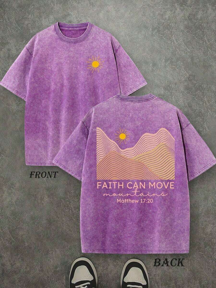 Faith Can Move Mountain Unisex Washed Christian Shirt, Christian Scripture T-Shirt, Vintage Retro Washed Shirt Double Sided Printed (230 Heavyweight Pure Cotton T-Shirt) High Quality Christian T-Shirt, Christian Gifts, Men's And Women's Shirts, Comfortable, Fashion Christian Shirt, Street Style Pure Cotton Fall Shirtwinter Clothes For Women - 紫丁香色 - 查看 1