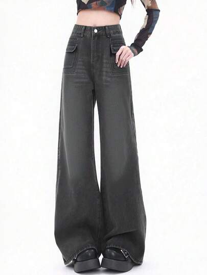 Quần Jeans Denim Cổ Điển Cho Nữ, Thiết Kế Túi, Dáng Rộng, Tôn Dáng, Ống Thẳng