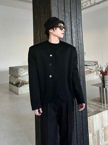 Pi Shuai Style Men's Model Jacket, Small Fragrant Shoulder Pads, Spring And Autumn Short Style, High-End Design Sense, Niche Collarless Shoulder Jacket - Black - View 2