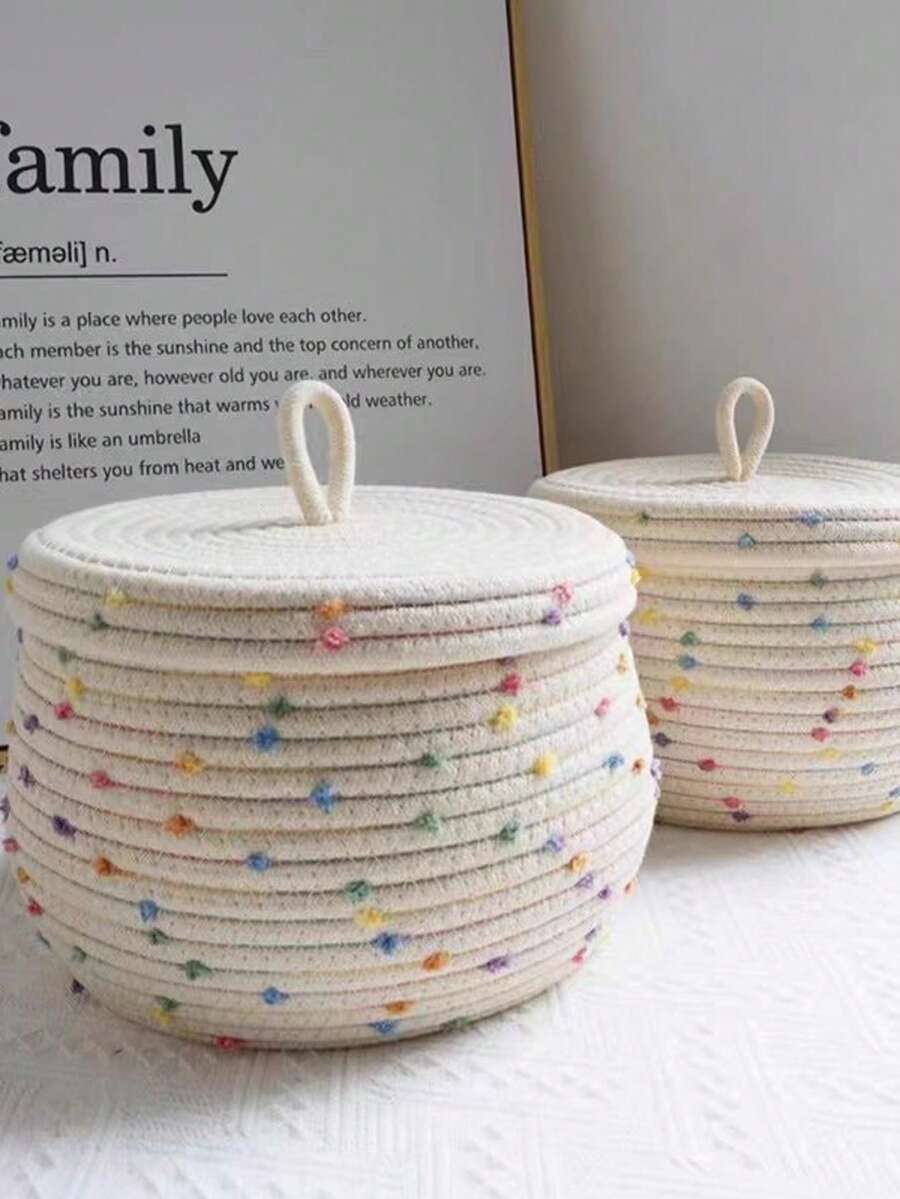 1pc/2pcs Dotted Rope Woven Storage Basket With Lid, Desktop Organizer Box, Key And Miscellaneous Items Storage Box, Home Decor