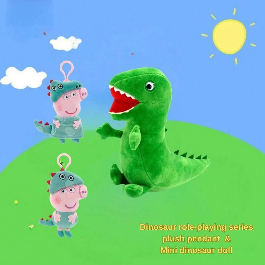Peppa Pig 官方授权小猪佩奇恐龙主题毛绒玩具 - 正版小猪佩奇品牌，包含绿色恐龙毛绒玩偶（19厘米/7.48英寸）、小猪佩奇恐龙服装毛绒挂饰（12厘米/4.72英寸）和乔治小猪恐龙服装毛绒挂饰（12厘米/4.72英寸）。 - 彩色 - 查看 1