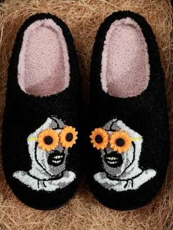 Pantuflas de felpa bordadas con dibujos animados de terror, suaves y cómodas para hombres y mujeres, perfectas para relajarse en otoño e invierno, regalo de Navidad ideal