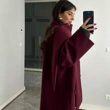1 pieza Chaqueta con botones delanteros y bolsillo de unicolor acanalado de moda y versátil para mujer (incluye bufanda) - Rojo - Ver 4