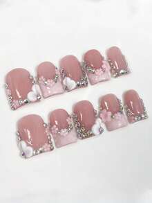 10 móng giả vuông ngắn màu hồng nude, họa tiết 3D tinh tế, đính đá lấp lánh kiểu Pháp tối giản, thích hợp sử dụng hàng ngày, móng giả dán, dụng cụ làm móng thủ công cho nữ. - Hồng - Xem 2