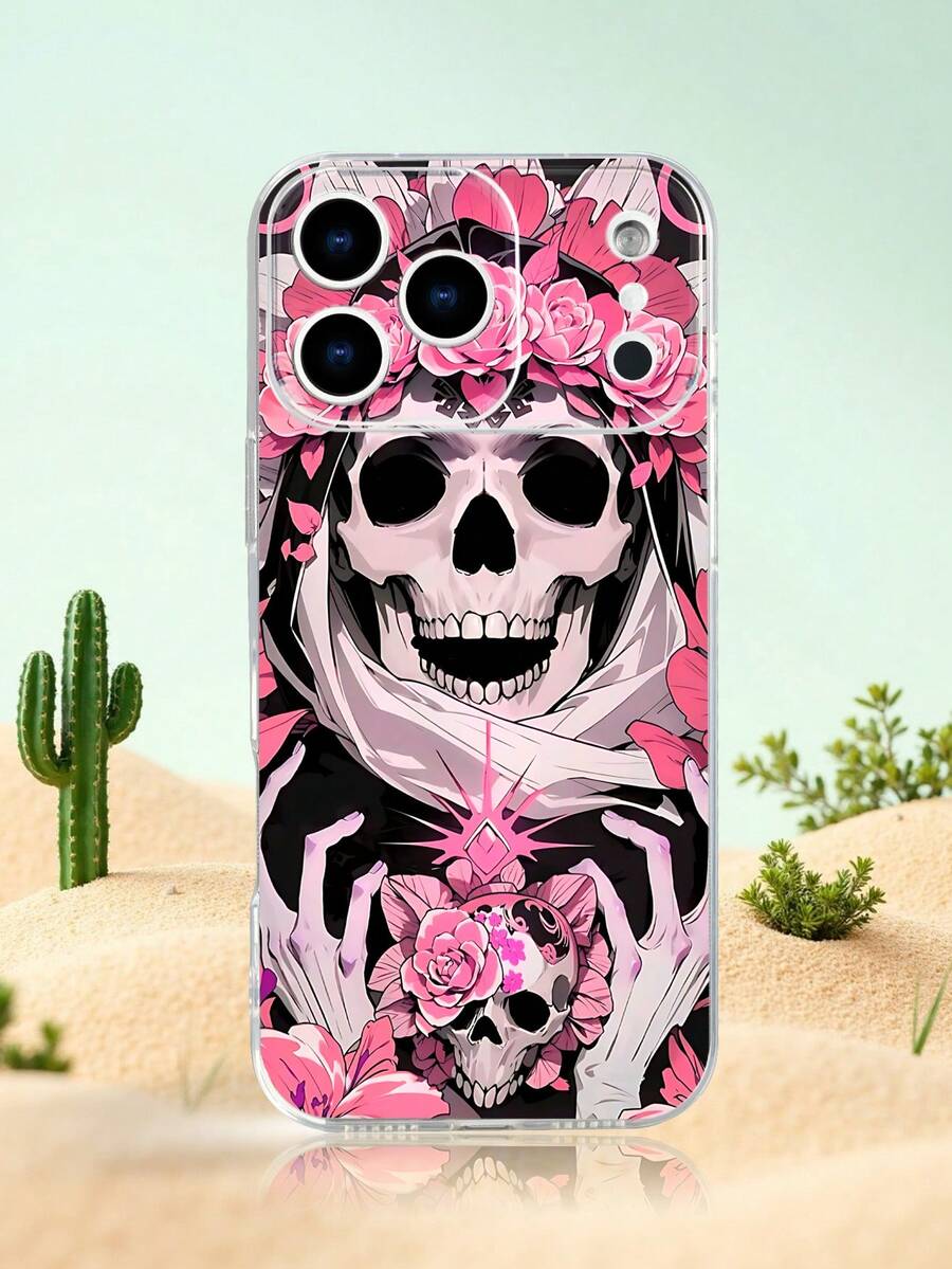 Funda de teléfono con diseño de cráneo y rosas en tono rosa, estampado con calavera adornada con flores, estilo inspirado en el Día de Muertos ideal para celebraciones festivas y uso personalizado, diseño misterioso y romántico, funda transparente, resistente a golpes, alta transparencia, compatible con iPhone17/16/15/14/13/12/11/Plus/Pro/ProMax, compatible con Galaxy A34/A35/A54/A55, Galaxy S20/S21/S22/S23/S24/S25 Ultra/Plus, compatible con Moto/Galaxy/Redmi/Honor/OPPO - transparente - Ver 1