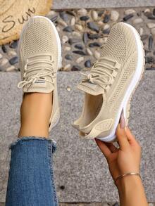 Women's Casual Athletic Shoes, Knitted Fashion Upper, Solid Color Casual Shoes, Simple And Versatile, Suitable For Sports, Fitness, Hiking, And Can Be Worn In 4 Seasons. Running Shoes, Everyday Walking Shoes, Minimalist Style, Multi-Functional Footwear, Refreshing And Fashionable Fabric, Flexible Sole, Low-Top Shoes, Casual Athletic Shoes, Outdoor , Fashionable Women. - Apricot - View 3