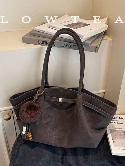 1 st. enfärgad PU-läderväska med en axelrem, vintagemode, stor tygväska med remdekor, magnetisk stängning, design med dubbla handtag, lämplig för resor, shopping, dejting, present till kvinnor, passar tonåringar, studenttjejer och kontorsdamer, perfekt för kontor, skola, arbete, affärer, pendling, utomhus, resor, picknick