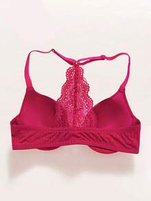 女士前扣式挂脖文胸，钢圈设计，性感蕾丝露背，舒适轻薄打底衫 - 紅色 - 查看 3