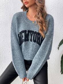 Autumn And Winter Letter-Style Round-Neck Pullover Long-Sleeved Women's Knitted Sweater. Casual Party Company Clothing - Grey - View 5