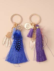 1pc Creative Tassel Palm Hexagonal Flower Faux Feather Keychain, Women Accessory For Daily Wear Car Accessories Cute Goth Y2k Halloween Accessories Teachers Day Christmas Gift Ideas Bag Lanyards With Id Holder Car Accessories Bag Charms - Multi-element Imitation Feather - View 2