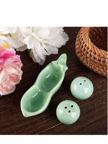 2pcs Pea Shaped Ceramic Salt & Pepper Shaker Set, 12cm Cute Glaze Painted Condiment Jar, Gift Box For Wedding, Housewarming, Birthday, Home Decor - Green - View 6