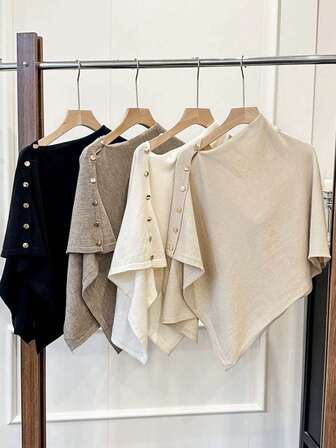 1 st stickad ponchosjal för kvinnor, höst/vinter ny stil med axelband, mångsidig multifunktionell mode varm sjal med knapp