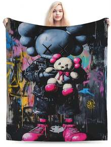 Kawss Kawaii Kaw Blanket The Ultimate Anime Fan Gift - Luxuriously Soft Flannel Blanket, Cartoon Printed Throw For Home, Camping, Travel, Perfect For Christmas & Birthdays - 黑色 - 查看 3