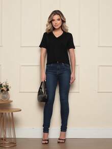 Women's Viscose/Lycra Blouse With Short Sleeves And V-Neck - Comfortable Fabric - 黑色 - 查看 5