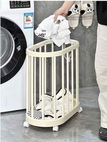 1pc Laundry Basket Household Dirty Clothes Storage Bin, Waterproof Bathroom Hamper With Large Capacity And Wheels - White - View 3