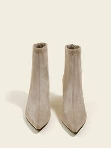 秋冬女士杏色绒面革踝靴，高跟弹力修身靴，舒适时尚，高跟鞋，酒杯跟靴，猫跟靴 - 杏色 - 查看 2