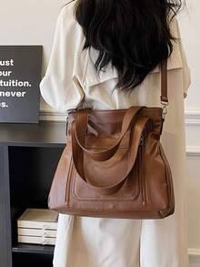 1 件复古大容量手提包，复古 PU 单肩斜挎包，女士休闲手提包和钱包 - 棕色 - 查看 4