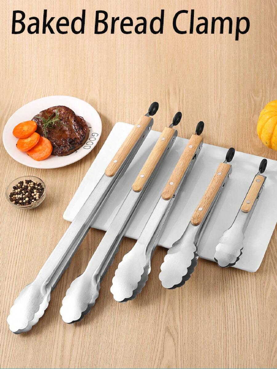 1pc Stainless Steel Cooking Tongs With Heat-Resistant Wooden Handle, Sturdy Solid Barbecue Tongs, Rust-Proof Grill Tongs, Outdoor Barbecue Tongs, Meat Grilling Tongs, Comfortable Grip, Dishwasher , Essential For Grilling, Suitable For Grill, Frying Meat And Fish, Serving Food, Salad, Pasta, And An Ideal Cooking Gift - Multicolor - View 1