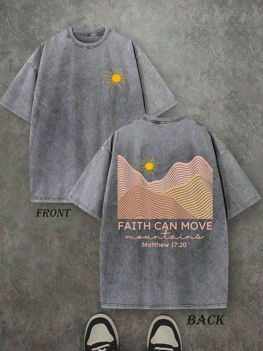 Faith Can Move Mountain Unisex Washed Christian Shirt, Christian Scripture T-Shirt, Vintage Retro Washed Shirt Double Sided Printed (230 Heavyweight Pure Cotton T-Shirt) High Quality Christian T-Shirt, Christian Gifts, Men's And Women's Shirts, Comfortable, Fashion Christian Shirt, Street Style Pure Cotton Fall Shirtwinter Clothes For Women - 灰色 - 查看 1