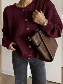 EAVA Cardigan vintage doux et polyvalent pour femmes, nouveau design automne/hiver, élément boutonné, col rond, convient pour une tenue de la Saint-Valentin - Rouge - Voir 2