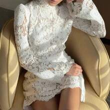 European And American Hot-Selling Women's Fashion Sexy Lace Short Dress Hollow Out Bell Sleeve Dress For Women - 白色 - 查看 3