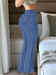 High-Waisted Slim Fit Solid Color Cone-Cut Women's Jeans, Elastic Waist, Casual & Versatile - 中等水洗藍 - 查看 2