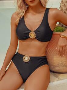 wohenmeili Women's Summer Beach Metal Decor Ruched Bikini Set