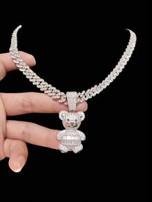 1件时尚立方氧化锆熊形吊坠及9毫米合金水钻链项链，男女皆宜的嘻哈摇滚街头风熊形动物吊坠项链，朋克项链，适合日常佩戴或派对，情人节礼物 - 金黃色 - 查看 9