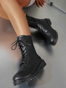 2025秋冬新款加大码女靴，厚底，英伦风黑色踝靴，百搭 - 黑色 - 查看 2