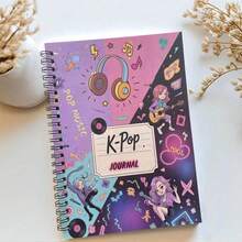 1本K-Pop主题涂色笔记本，包含4个独特的卡通人物设计 - 时尚螺旋笔记本，男女皆宜，是办公室、学校的创意礼物之选