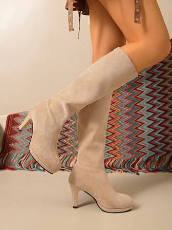 Wedge Over-The-Knee Boots For Women, Suede Bohemian Style Winter Boots, Super High Heel Boots, Bohemian Style Thigh High Boots With Fur Lining, New Retro Boots, Chunky Heel Round Toe Versatile Ankle Boots, Platform Sole