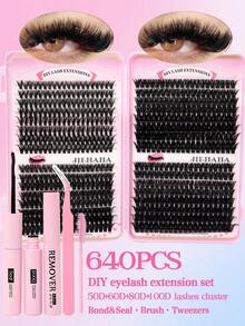 640pcs D-Curl Fluffy False Eyelashes Set, Includes Eyelash Glue, Tweezer, Mascara Brush, Magnifying Eyelashes, Lightweight & Reusable, Large Capacity Individual Lashes, Soft & Natural Mixed Lashes For 3D Volumized Eye Makeup