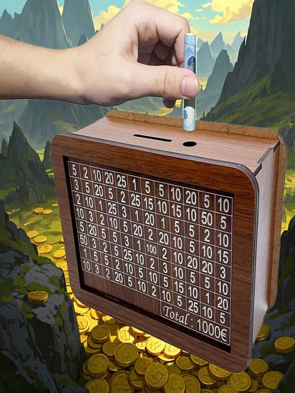 Conjunto de 2 peças: 1 caneta marcadora e 1 caixa de madeira para economizar dinheiro com contador numerado, caixa criativa para economizar dinheiro faça você mesmo, item de decoração para casa, presente de Halloween, caixa de madeira reutilizável para economizar dinheiro com plano numérico, marrom claro, caixa decorativa para moedas de mesa, essencial para a volta às aulas, caixa de madeira para guardar dinheiro