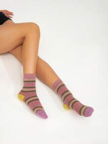 Women's Sexy Pearl Ribbon Bow Decor Mid-Calf Socks, Sweet Ballet Style - Watermelon Pink - View 8