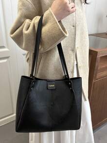 New Elegant Patchwork PU Leather Tote Bag, Simple Fashion Foldable Large Capacity Handbag For Women, Daily Work Commute Travel Casual Bag, Great Gift For Mom