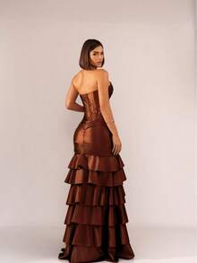 Simple Party Pleated Hem With Asymmetrical Ruffle Formal And Evening - Rust Brown - View 2