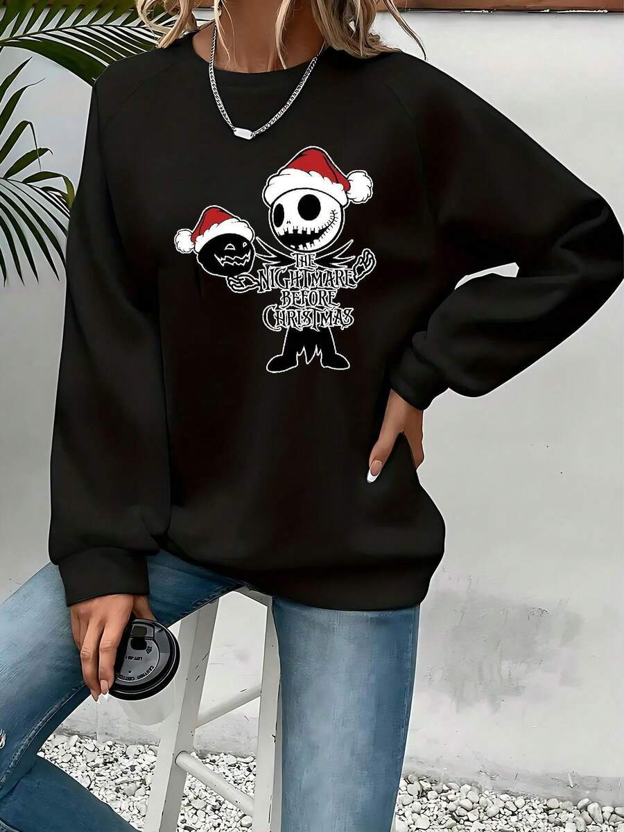 Nightmare Before Christmas Women's Sweatshirt -  & Sally Graphic Crewneck Pullover, Cozy Fall Winter Casual Sweater For Halloween & Christmas Fans, Machine Washable - Black - View 1