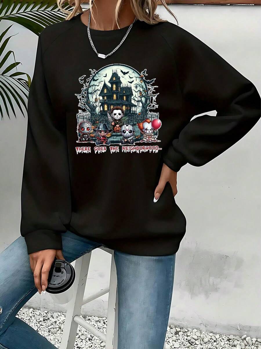 Sudadera gráfica de mujer de Pesadilla antes de Navidad - Negra, casual, de manga larga, cuello redondo, con diseño de Halloween Town. Moda de otoño e invierno cómoda para atuendo casual, ropa de Halloween, ropa de temporada, diseño caprichoso, construcción duradera, ropa de fiesta, estilo juguetón, tela cómoda, estilo unisex, para compradores navideños - Negro - Ver 1