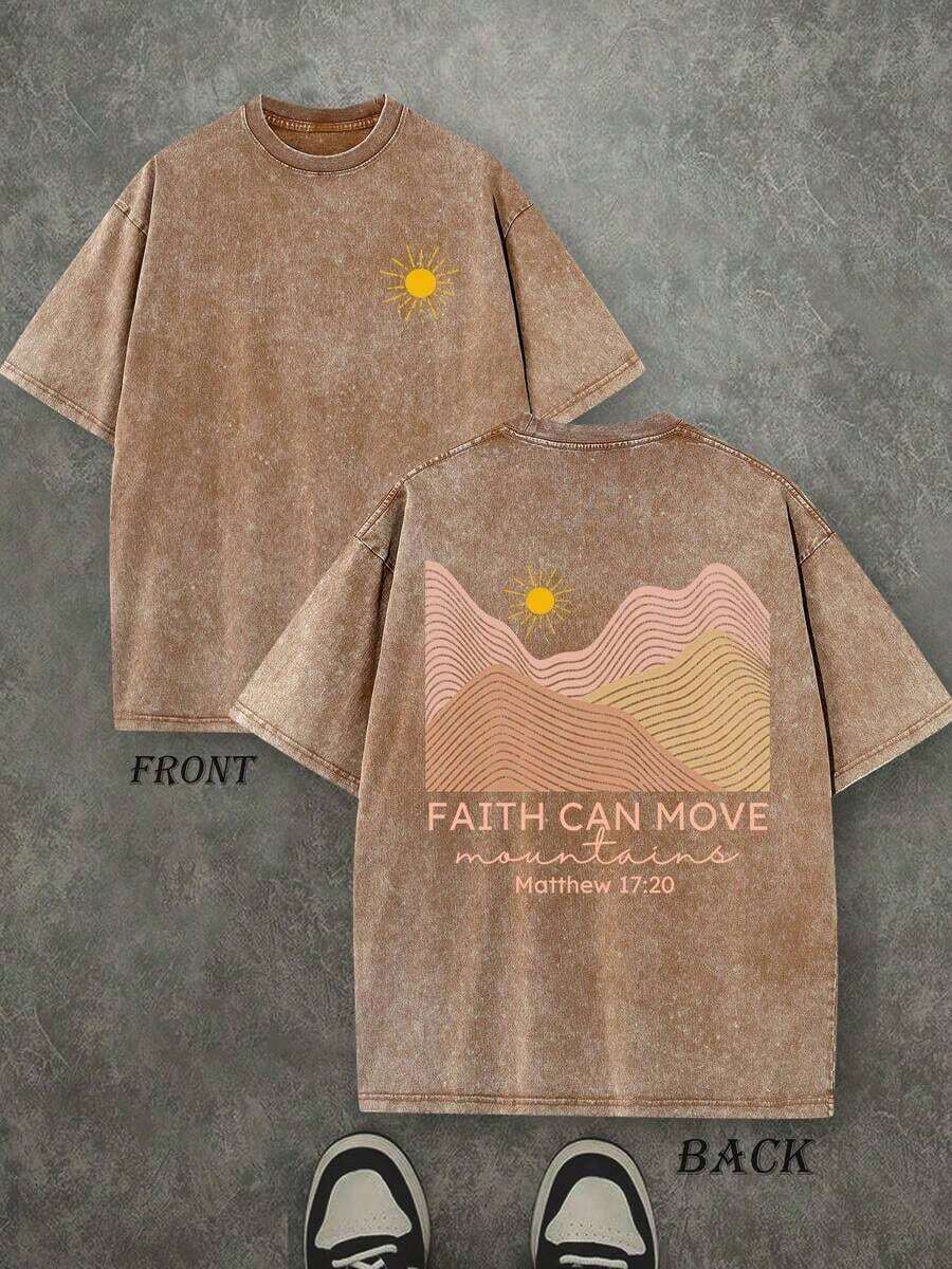 Faith Can Move Mountain Unisex Washed Christian Shirt, Christian Scripture T-Shirt, Vintage Retro Washed Shirt Double Sided Printed (230 Heavyweight Pure Cotton T-Shirt) High Quality Christian T-Shirt, Christian Gifts, Men's And Women's Shirts, Comfortable, Fashion Christian Shirt, Street Style Pure Cotton Fall Shirtwinter Clothes For Women - 咖啡棕 - 查看 1