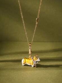 1Pc Fashion Cute Enamel Golden Corgi Puppy Pendant Necklace For Women Sweet Cool Party Beads, High-End Accessories, Bags, Key Chain Pendants,Girlfriend Gift,Halloween Gifts - Corgi Pendant Necklace - View 2