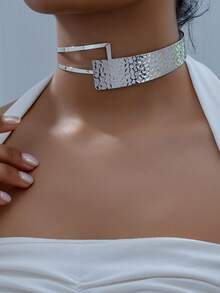 1 Pieza Collar De Gargantilla De Forma Geometrica De Moda, Perfecto Para Fiestas Y Sensacion De Lujo - Plateado - Ver 5