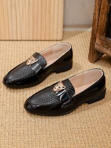 1 Pair New Boys' Leopard Head Decor Oxford Shoes, Black Glossy British Style Boys' Shoes, PU Material - Anti-Slip TPR Sole, Fashion Versatile Children Dress Shoes, Suitable For All Seasons, School, Party, Wedding, Formal Occasions - Black - View 2