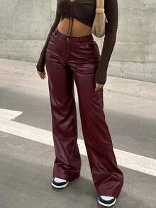 Women Spring American Stylish Glossy Coated Straight Leg High Waist Fashion Casual Faux Leather Wide Leg Pants - Burgundy - View 4