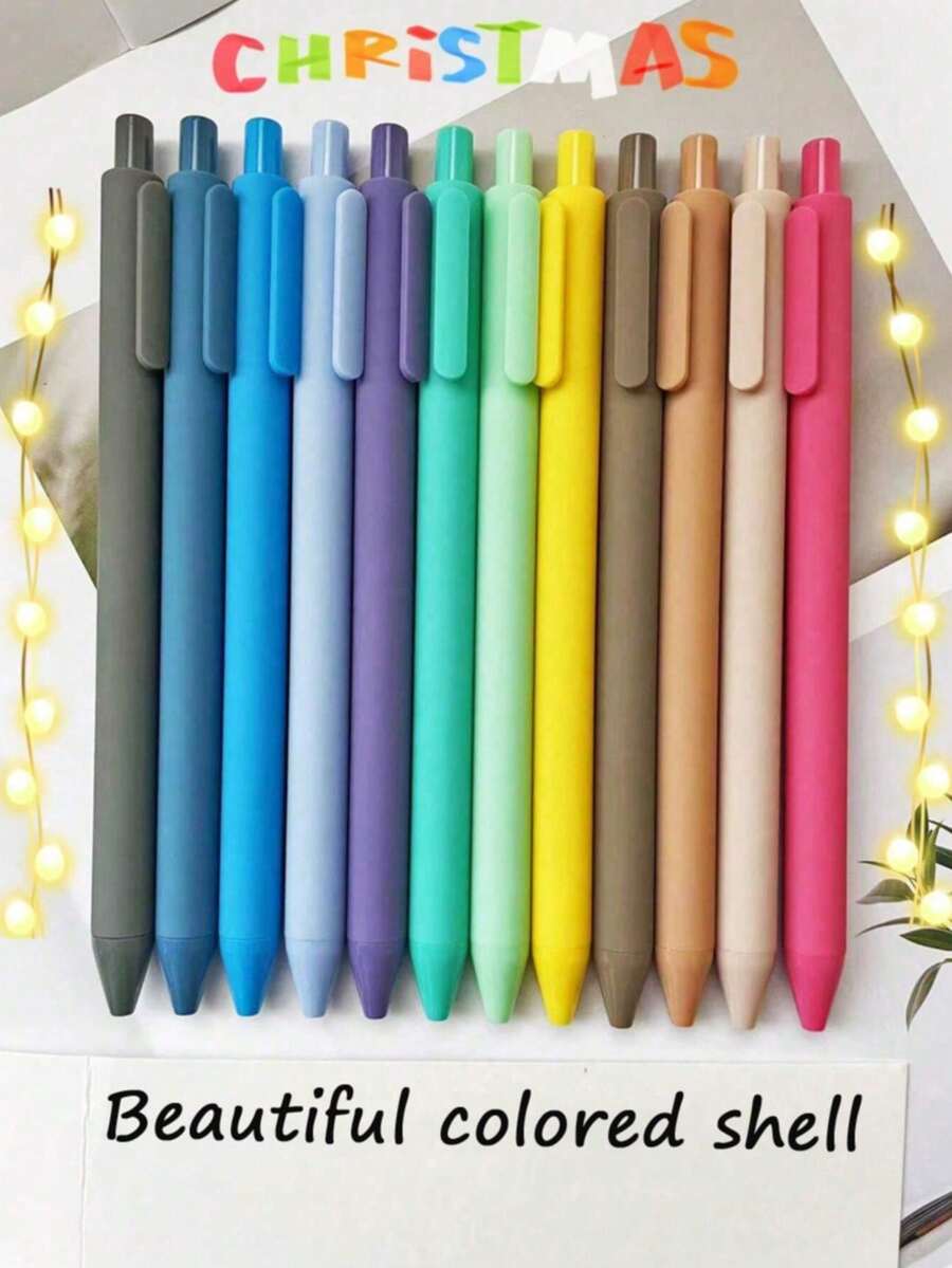 12pcs/Set Retractable Gel Ink Pens, Black Ink, Colorful Barrel, Morandi Color Scheme, Suitable For Journaling, Writing, Office And School Supplies - Multicolor - View 1